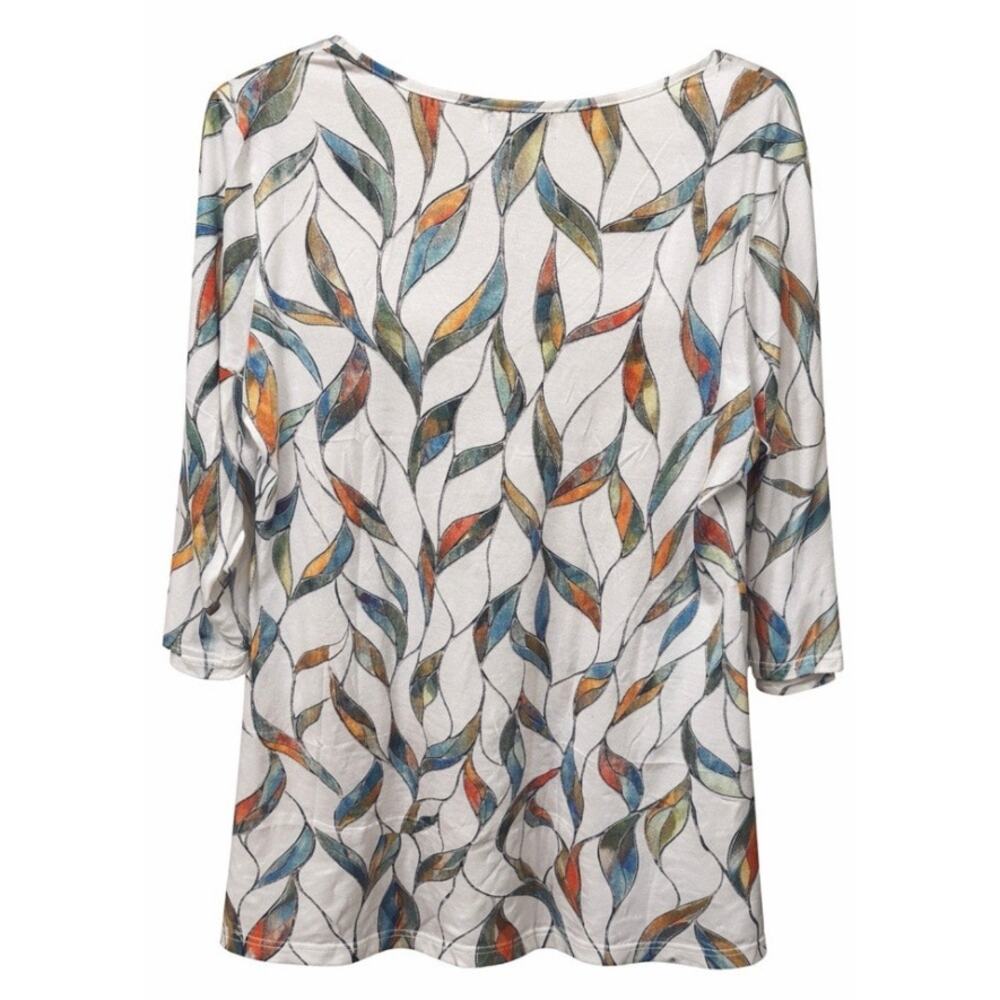 NWT OFEEFAN Wns Large Boho Coastal Leaf Print VNeck 3/4 Sleeve Flowy Tunic top - Picture 8 of 8